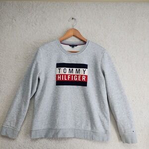Tommy Hilfiger Sweatshirt Mens L Gray Crewneck Logo Pullover Fleece Cozy